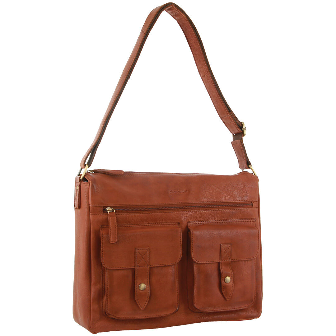 Pierre Cardin Leather Briefcase Bag Tote Laptop Rustic Satchel Travel - Cognac Pierre Cardin Leather Briefcase Bag Tote Laptop Rustic Satchel Travel - Cognac