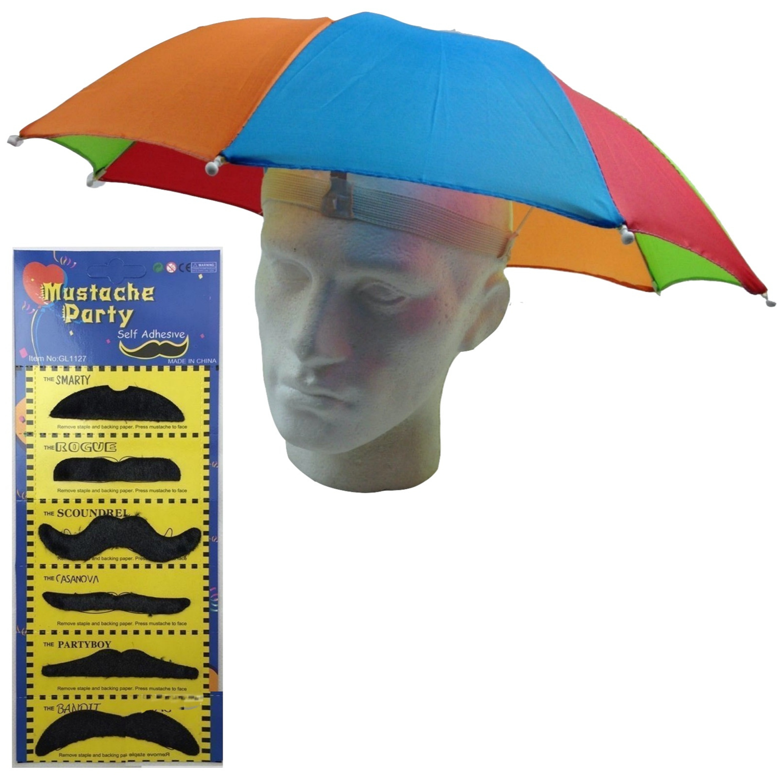2pcs Set Rainbow Umbrella Hat + 70s Fake Moustache Costume Props Novelty Fancy 2pcs Set Rainbow Umbrella Hat + 70s Fake Moustache Costume Props Novelty Fancy