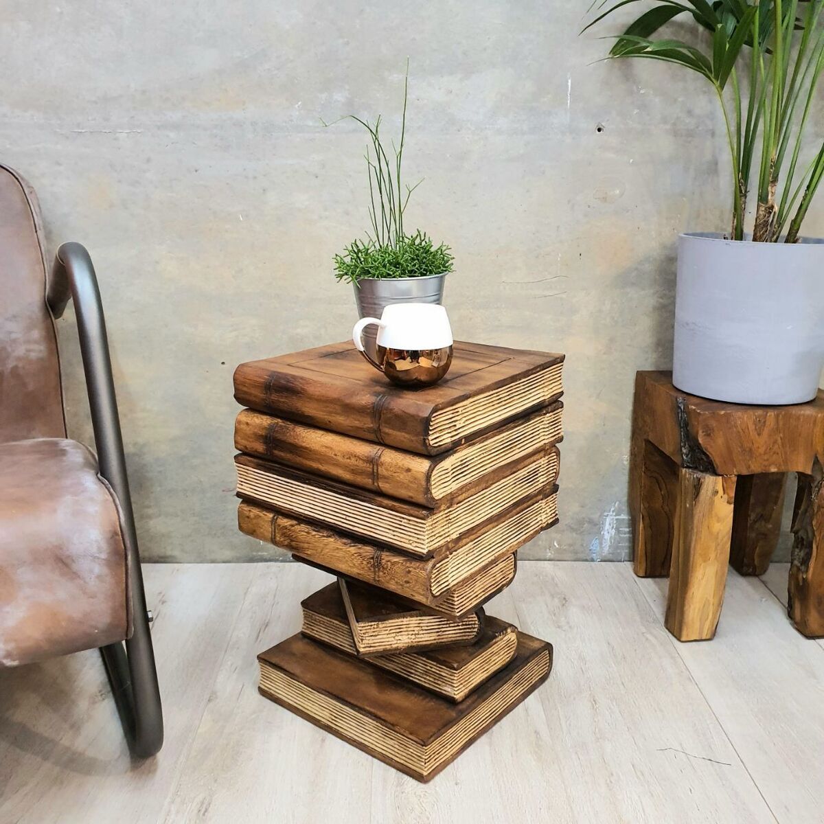 Side Table Book Stack Design w Storage Compartment Natural Burned Side Table Book Stack Design w Storage Compartment Natural Burned