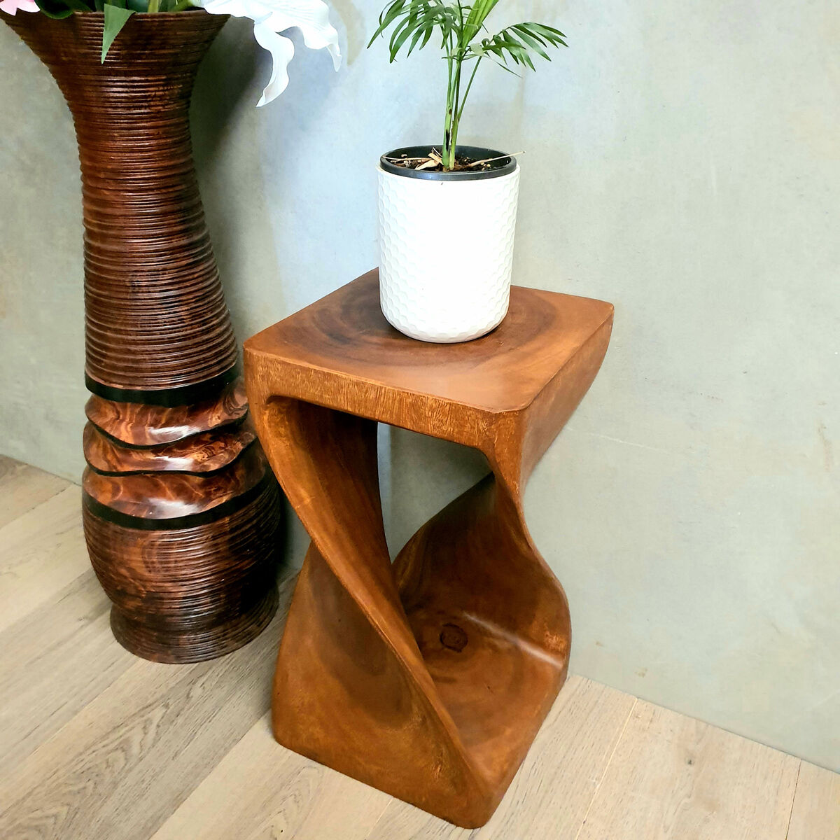 The Twist Raintree Wood Side Table/Corner Table/Planet Stand NB Finish The Twist Raintree Wood Side Table/Corner Table/Planet Stand NB Finish