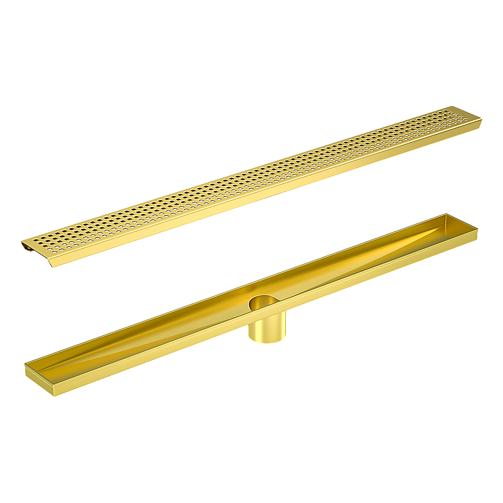 900mm Bathroom Shower Brushed Brass Grate Drain w/ Centre outlet Floor Waste Square Pattern 900mm Bathroom Shower Brushed Brass Grate Drain w/ Centre outlet Floor Waste Square Pattern