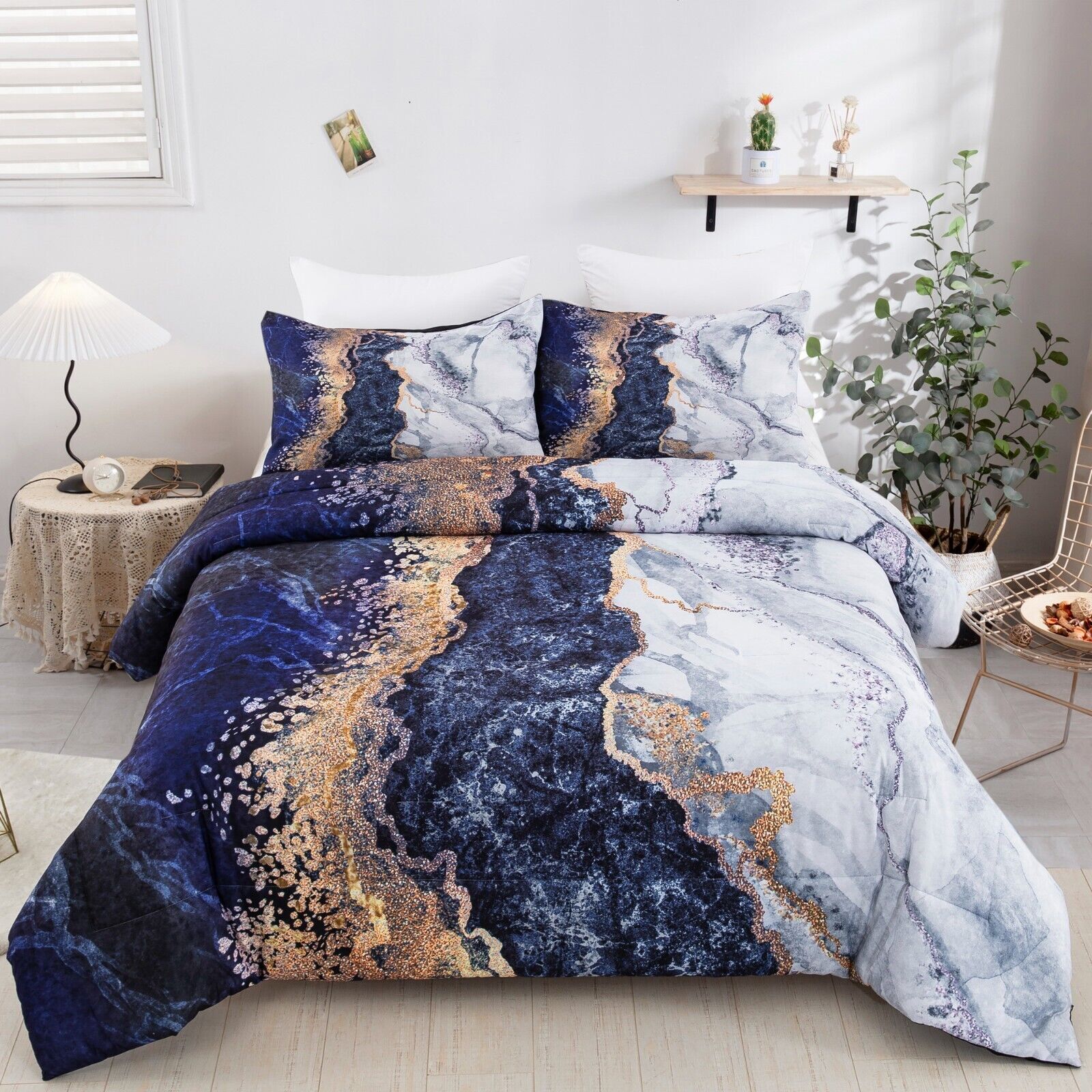 Blue Marble Comforter Set, King Size, Retro Watercolor 3-Piece Bedding Ensemble Blue Marble Comforter Set, King Size, Retro Watercolor 3-Piece Bedding Ensemble