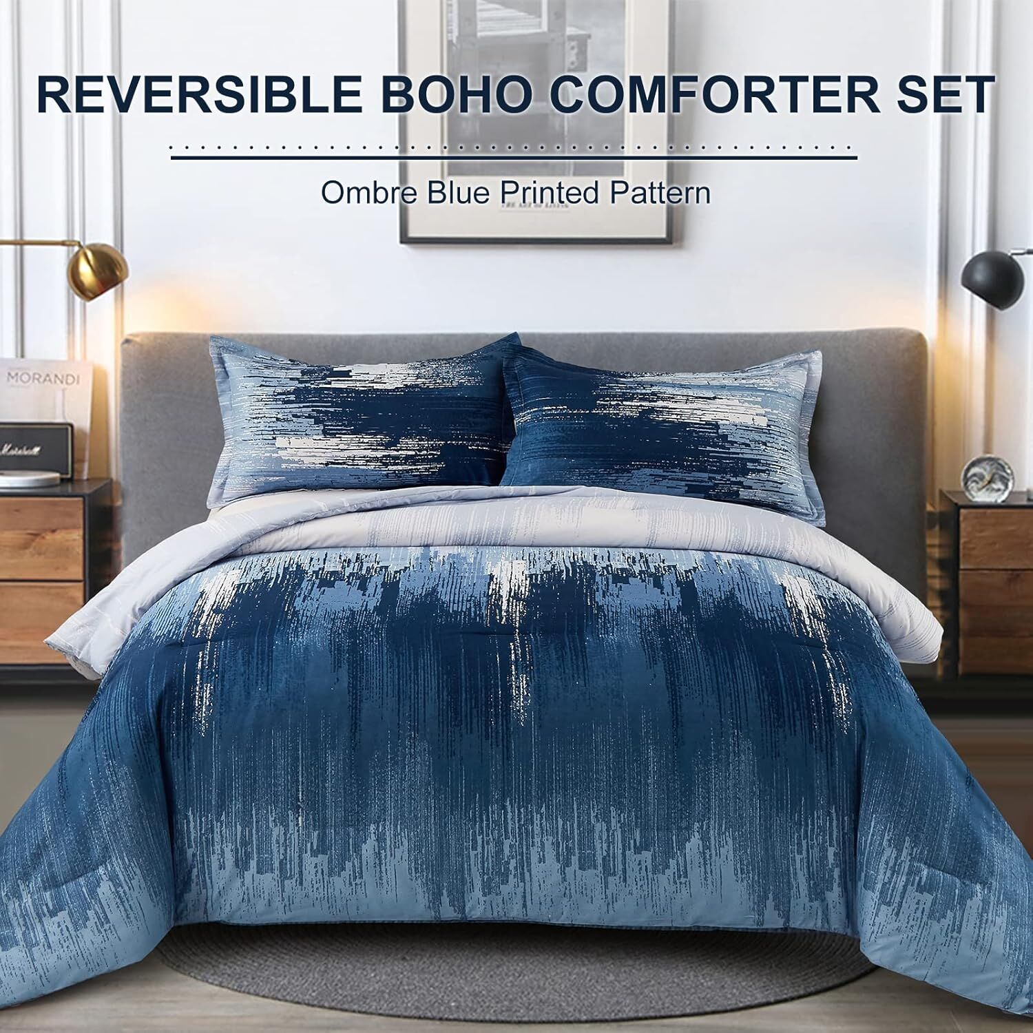 Ombre Blue Comforter Set, King Size, Gradient Blue Grey 3-Piece Boho Bedding Ombre Blue Comforter Set, King Size, Gradient Blue Grey 3-Piece Boho Bedding