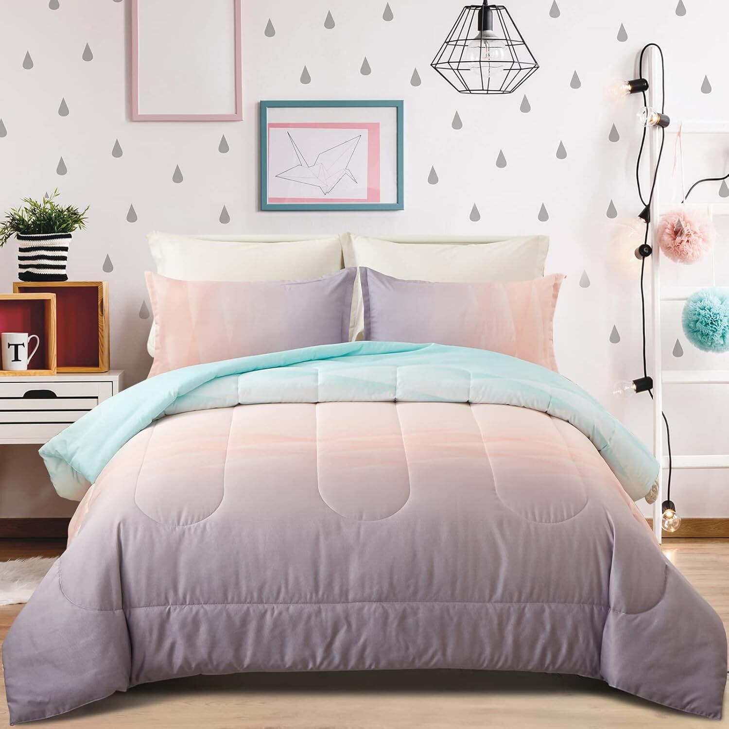Girls Comforter Set, King Size, Ombre Blue Pink Rainbow 3-Piece Bedding Collection Girls Comforter Set, King Size, Ombre Blue Pink Rainbow 3-Piece Bedding Collection