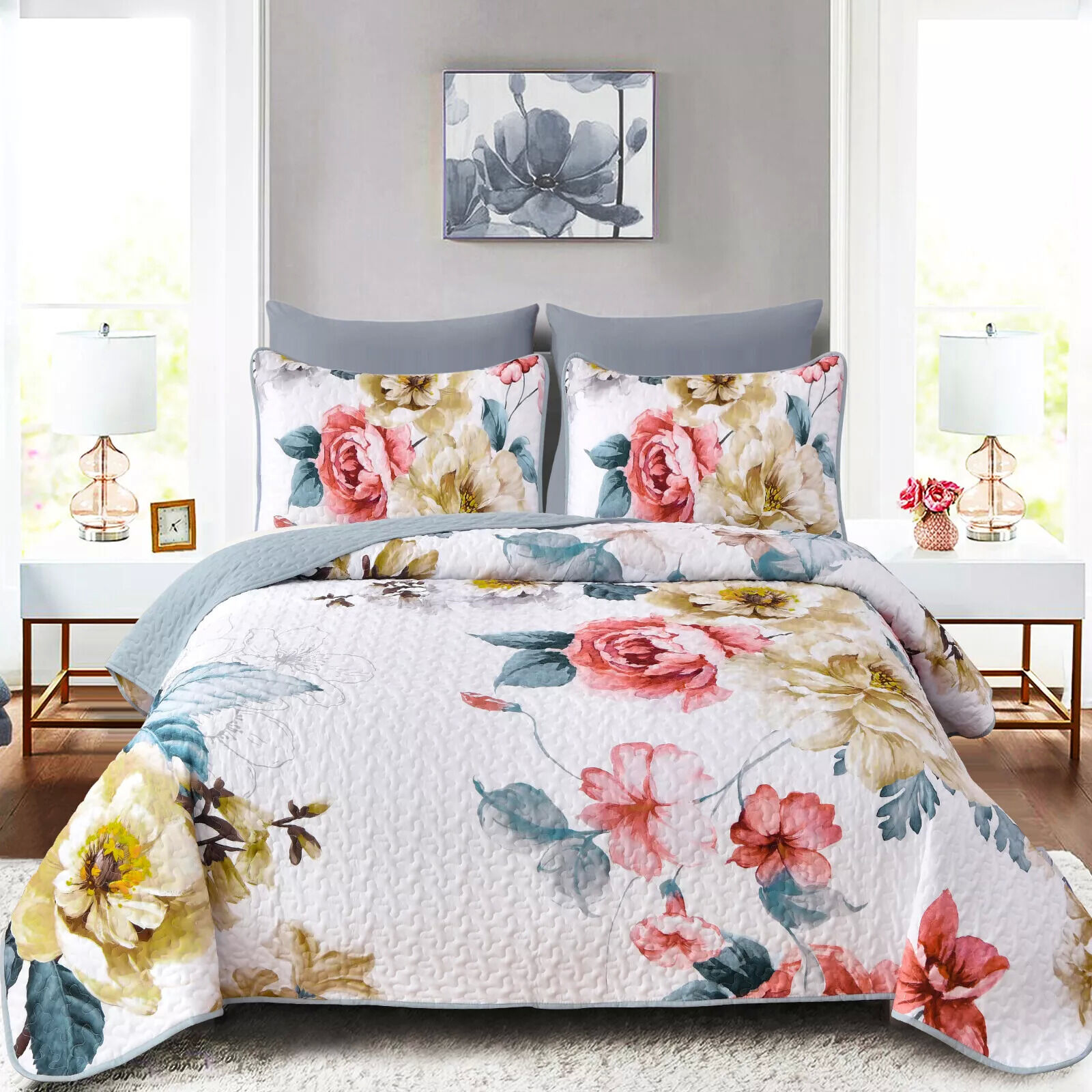 Vibrant Quilted Bedspread and Pillowcases Set: Add Color and Comfort to Your Space - Queen size Vibrant Quilted Bedspread and Pillowcases Set: Add Color and Comfort to Your Space - Queen size