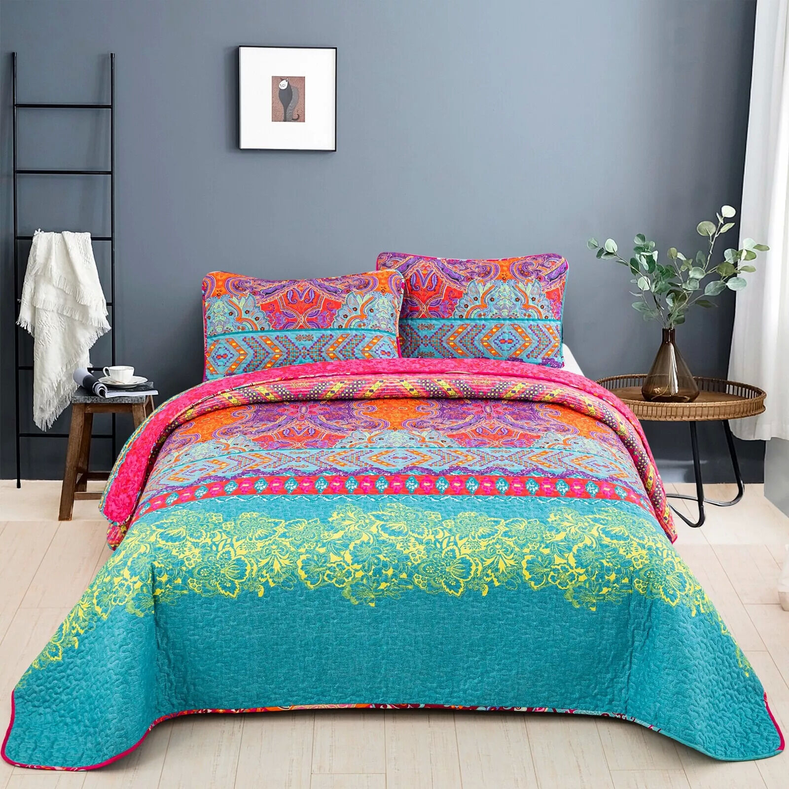 Colorful Quilted bedspread and pillowcovers set: Add a Splash of Color - Queen size Colorful Quilted bedspread and pillowcovers set: Add a Splash of Color - Queen size