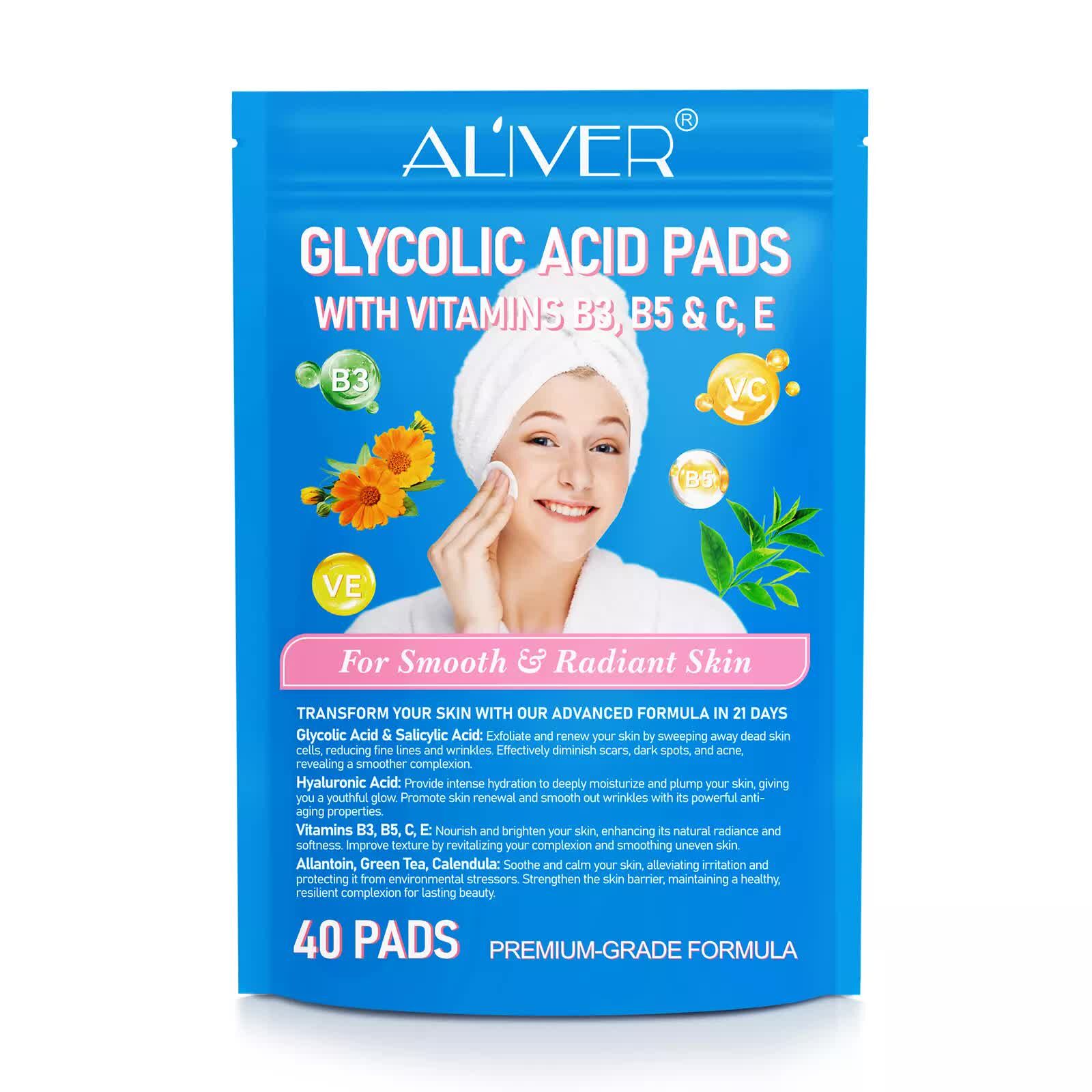 ALIVER Glycolic acid pads with vitamins B3,B5 & C,E 40 PADS ALIVER Glycolic acid pads with vitamins B3,B5 & C,E 40 PADS