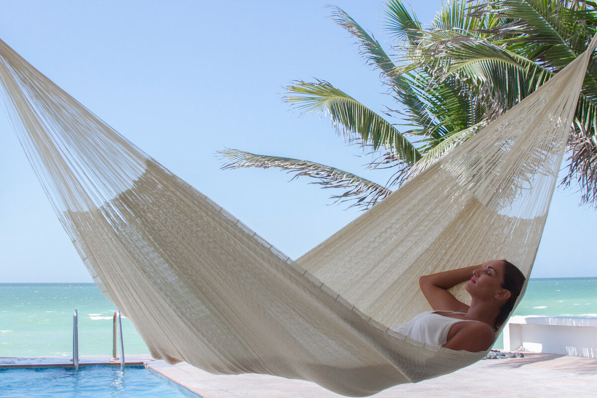 Mayan Legacy Queen Size Super Nylon Mexican Hammock in Cream Colour Mayan Legacy Queen Size Super Nylon Mexican Hammock in Cream Colour