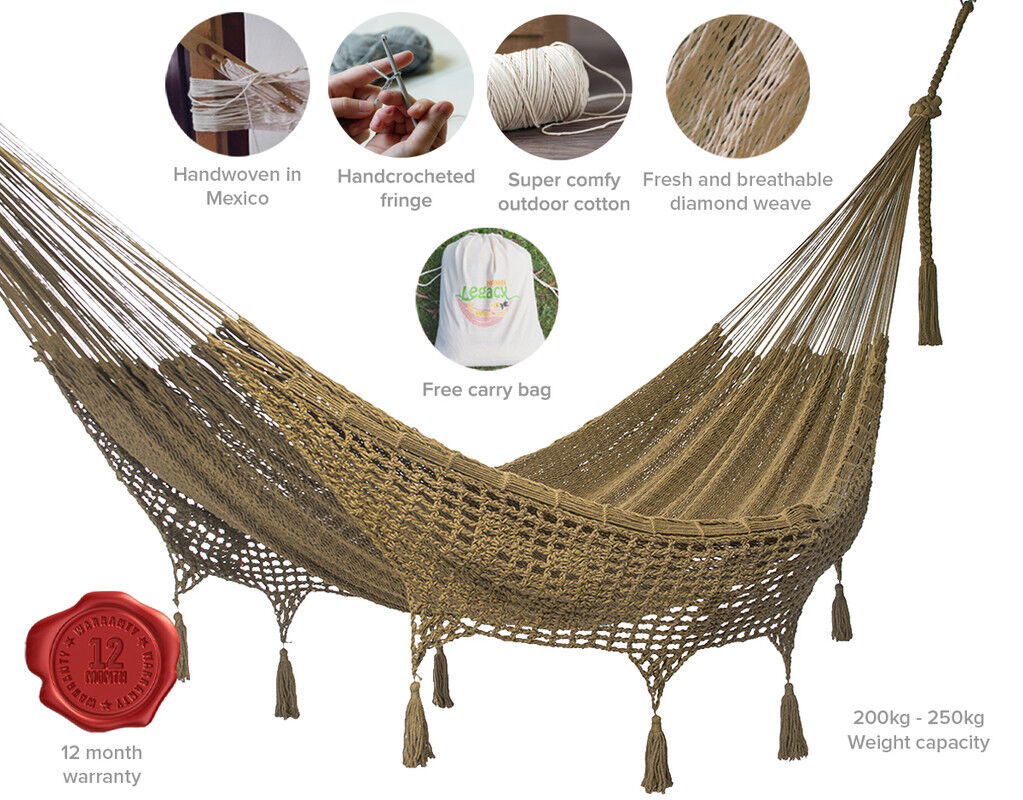Outdoor undercover cotton Mayan Legacy hammock with hand crocheted tassels Queen Size Cedar Outdoor undercover cotton Mayan Legacy hammock with hand crocheted tassels Queen Size Cedar
