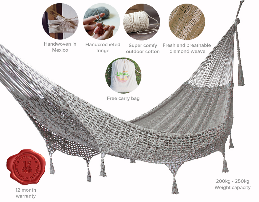 Outdoor undercover cotton Mayan Legacy hammock with hand crocheted tassels Queen Size Dream Sands Outdoor undercover cotton Mayan Legacy hammock with hand crocheted tassels Queen Size Dream Sands