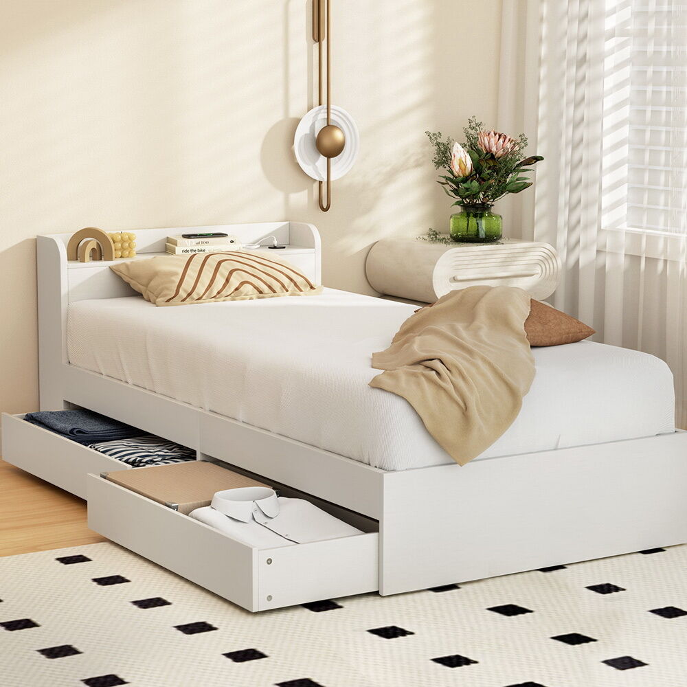 Bed Frame Single Size Mattress Base wtih Charging Ports 2 Storage Drawers Bed Frame Single Size Mattress Base wtih Charging Ports 2 Storage Drawers