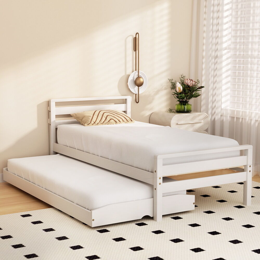 Artiss Bed Frame Single Size 2-in-1 Trundle Wooden White AVIS Artiss Bed Frame Single Size 2-in-1 Trundle Wooden White AVIS