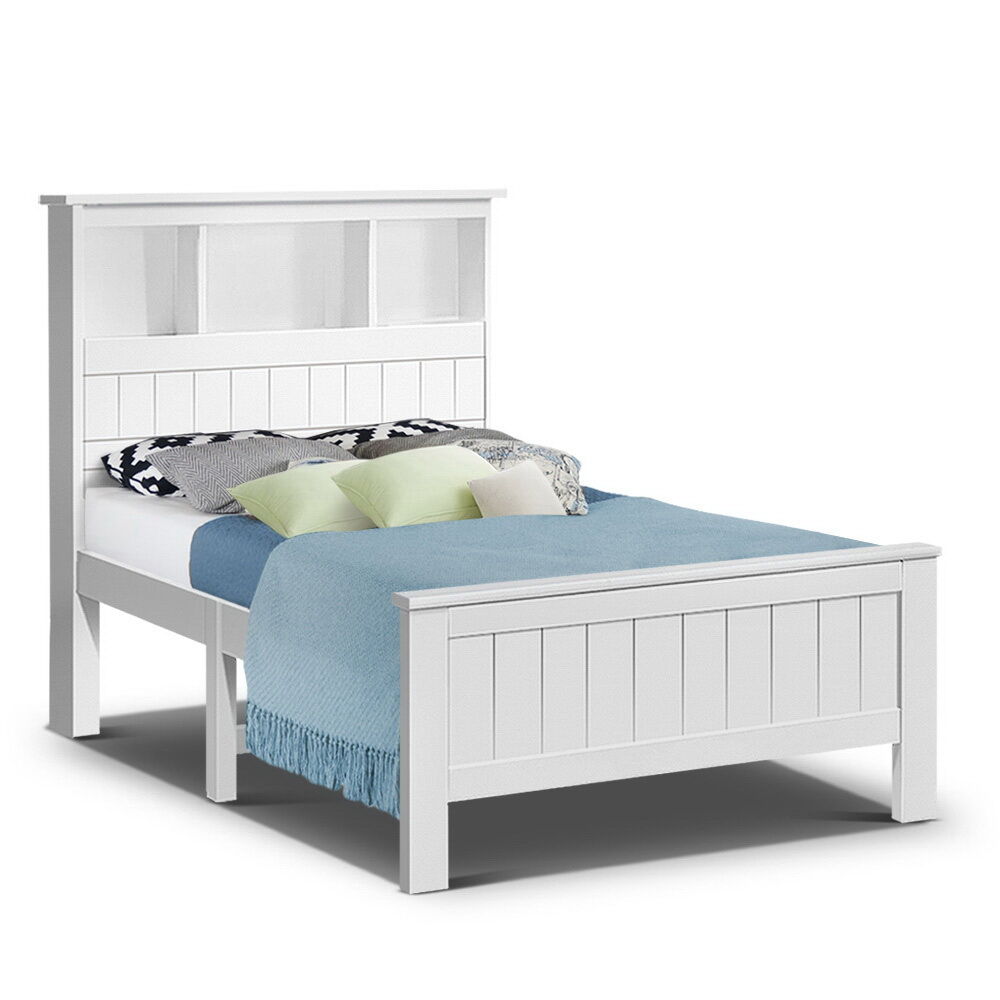 Artiss Bed Frame King Single Size Wooden with 3 Shelves Bed Head White Artiss Bed Frame King Single Size Wooden with 3 Shelves Bed Head White