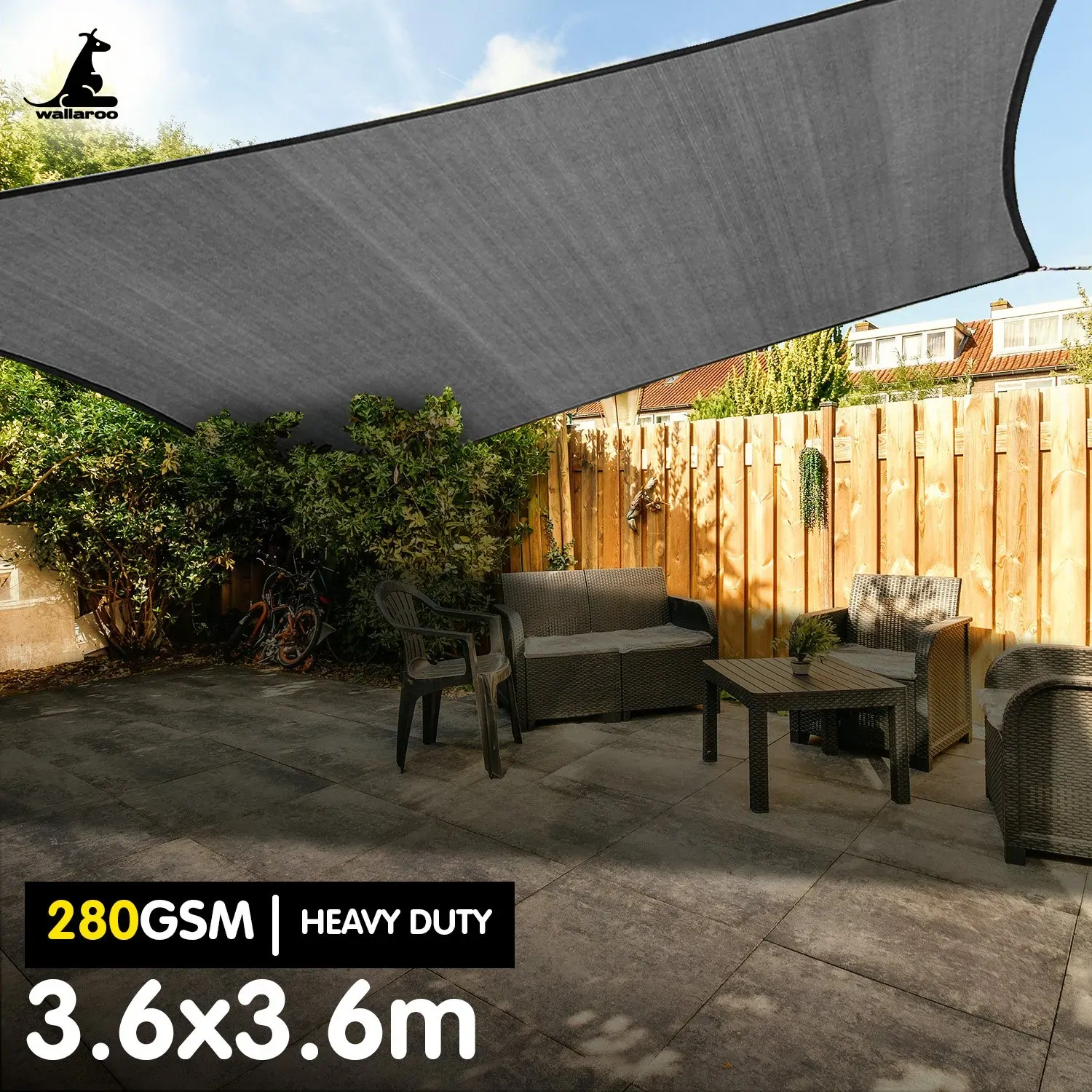 Wallaroo 280GSM Outdoor Sun Shade Sail Canopy Grey Square 3.6m x 3.6m Wallaroo 280GSM Outdoor Sun Shade Sail Canopy Grey Square 3.6m x 3.6m