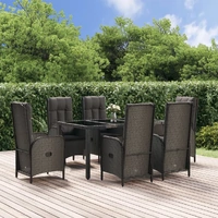 7 Piece Garden Dining Set with Cushions Black and Grey Poly Rattan