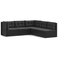 5 Piece Garden Lounge Set with Cushions Black Poly Rattan
