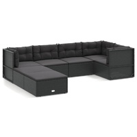 7 Piece Garden Lounge Set with Cushions Black Poly Rattan