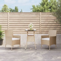 3 Piece Garden Bistro Set with Cushions Beige Poly Rattan
