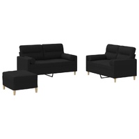 3 Piece Sofa Set with Pillows Black Fabric