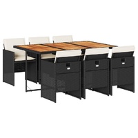 7 Piece Garden Dining Set with Cushions Black Poly Rattan