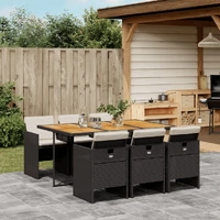 7 Piece Garden Dining Set with Cushions Black Poly Rattan