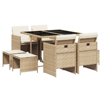 9 Piece Garden Dining Set with Cushions Beige Poly Rattan