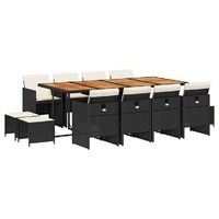 13 Piece Garden Dining Set with Cushions Black Poly Rattan