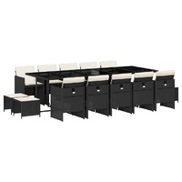 15 Piece Garden Dining Set with Cushions Black Poly Rattan