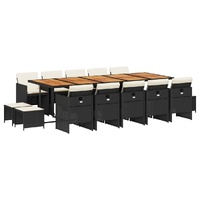 15 Piece Garden Dining Set with Cushions Black Poly Rattan
