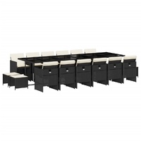 17 Piece Garden Dining Set with Cushions Black Poly Rattan