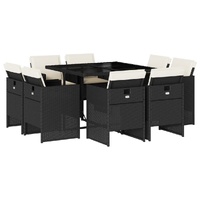 9 Piece Garden Dining Set with Cushions Black Poly Rattan