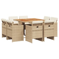 9 Piece Garden Dining Set with Cushions Beige Poly Rattan