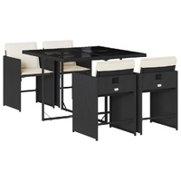 5 Piece Garden Dining Set with Cushions Black Poly Rattan