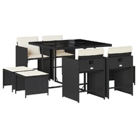 9 Piece Garden Dining Set with Cushions Black Poly Rattan