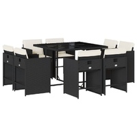 9 Piece Garden Dining Set with Cushions Black Poly Rattan