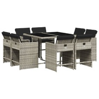 9 Piece Garden Dining Set with Cushions Light Grey Poly Rattan