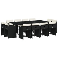 13 Piece Garden Dining Set with Cushions Black Poly Rattan