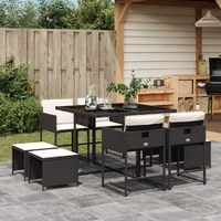 9 Piece Garden Dining Set with Cushions Black Poly Rattan