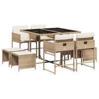 9 Piece Garden Dining Set with Cushions Beige Poly Rattan