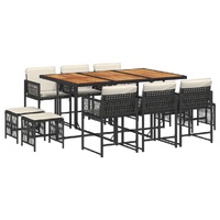 11 Piece Garden Dining Set with Cushions Black Poly Rattan