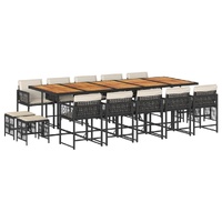 15 Piece Garden Dining Set with Cushions Black Poly Rattan
