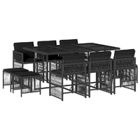11 Piece Garden Dining Set with Cushions Black Poly Rattan