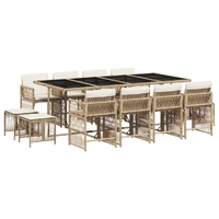 13 Piece Garden Dining Set with Cushions Beige Poly Rattan