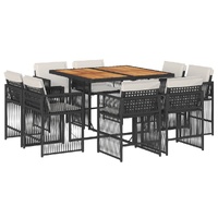 9 Piece Garden Dining Set with Cushions Black Poly Rattan