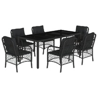 7 Piece Garden Dining Set with Cushions Black Poly Rattan
