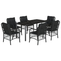7 Piece Garden Dining Set with Cushions Black Poly Rattan