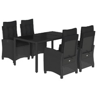 5 Piece Garden Dining Set with Cushions Black Poly Rattan