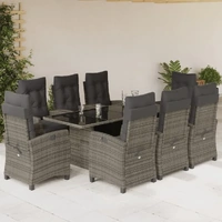 9 Piece Garden Dining Set with Cushions Grey Poly Rattan