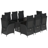 9 Piece Garden Dining Set with Cushions Black Poly Rattan