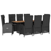 9 Piece Garden Dining Set with Cushions Black Poly Rattan